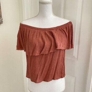Ecote Sz Med Off Shoulder Crepe Crop Swing Top Rust Brown